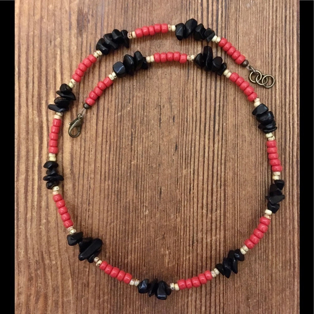 Men's Necklace, 18 Inches Long, Red and Black Nuggets /Handmade Men's Necklace - Picture 6 of 12
